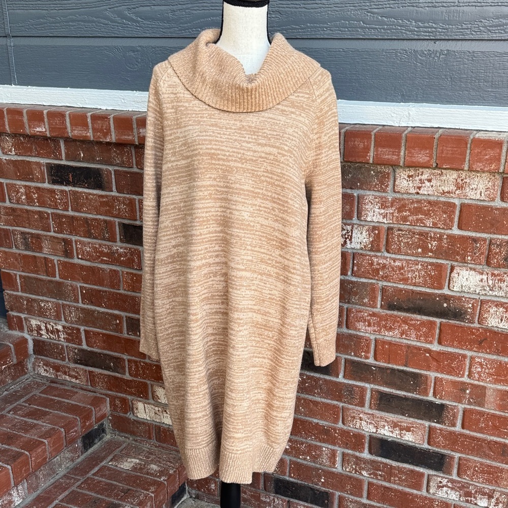 Lands' End Heathered Tan Cowl Neck Sweater Dress Large 14-16 Cozy Knit